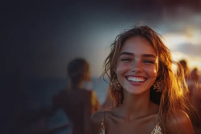 Lucky Vibe Casino player smiling at a beach party, ready to play anywhere in Australia Lucky Vibe Casino player smiling at a beach party, ready to play anywhere in Australia
