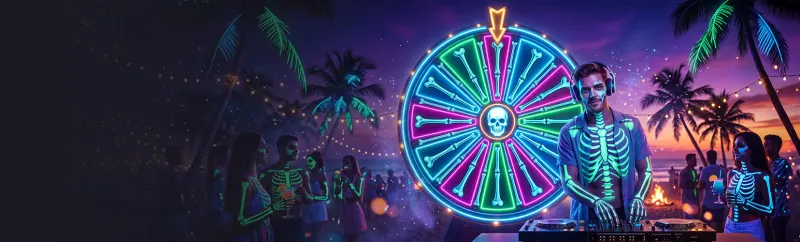 Casino Lucky Vibe Bone Wheel: a neon wheel with a skeleton DJ Casino Lucky Vibe Bone Wheel: a neon wheel with a skeleton DJ