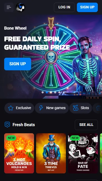 LuckyVibe Casino on a phone: mobile lobby with Bone Wheel and new slots LuckyVibe Casino on a phone: mobile lobby with Bone Wheel and new slots