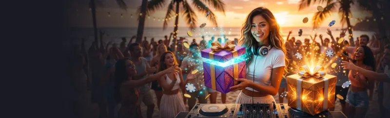 Bonuses at Lucky Vibe Casino: a DJ with glowing gift boxes Bonuses at Lucky Vibe Casino: a DJ with glowing gift boxes